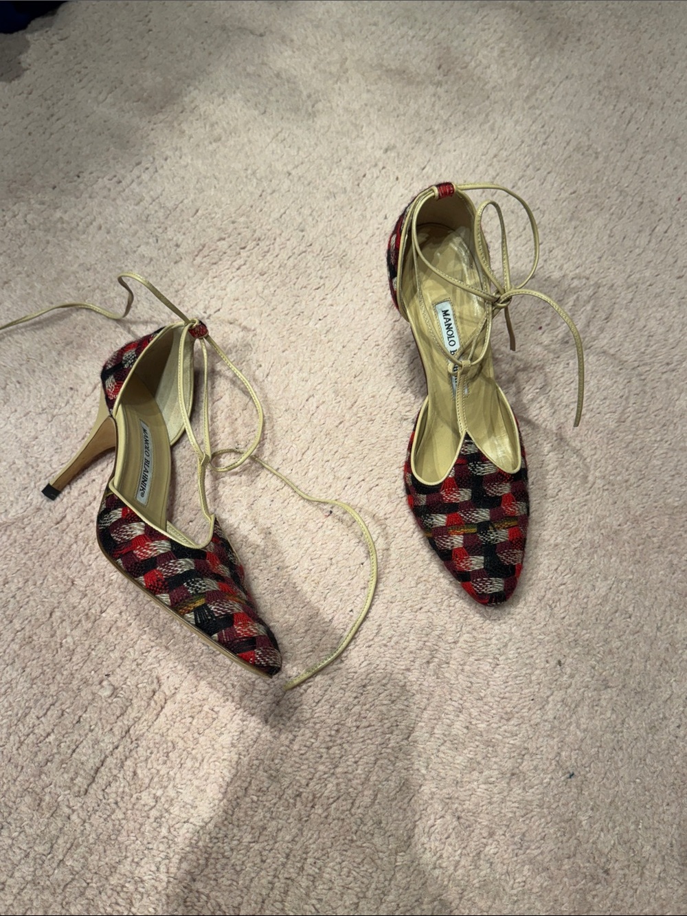 Manolo Blahnik Red and Black Woven Lace-Up Pumps